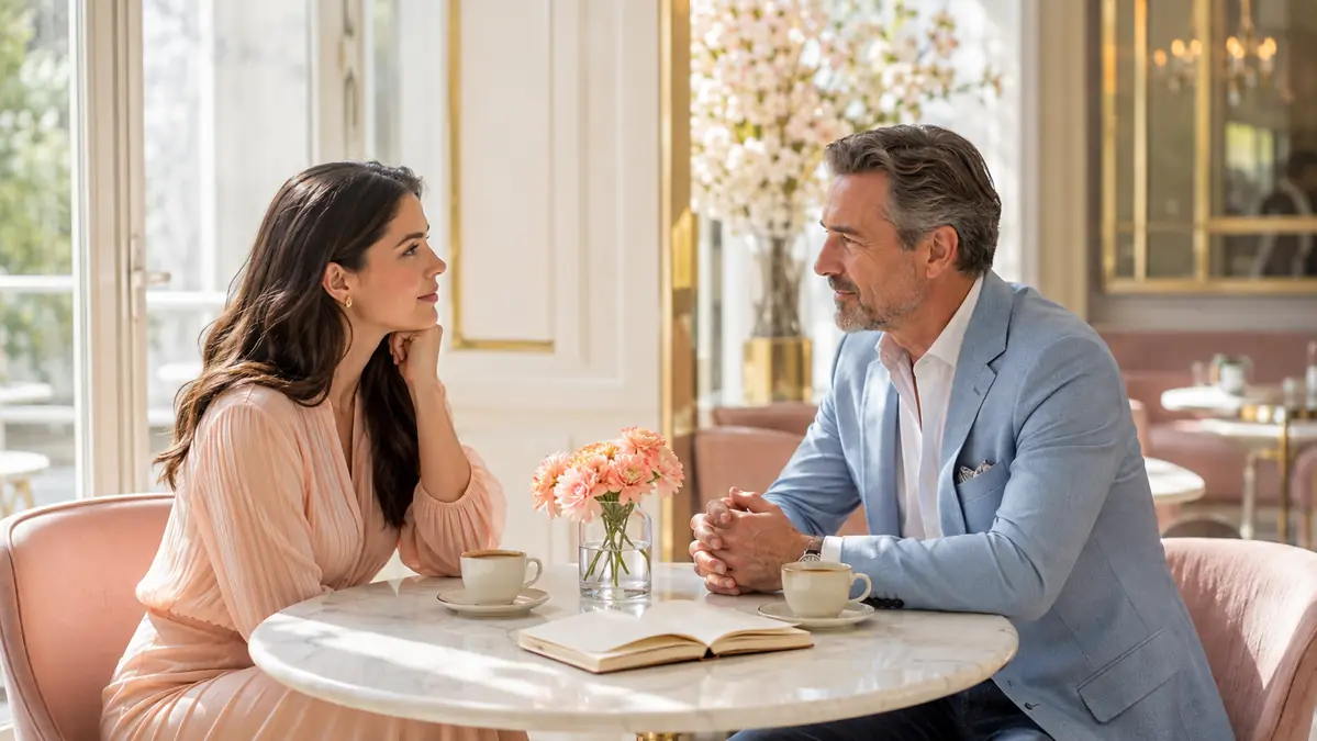 Woman and older man discussing expectations in a bright café