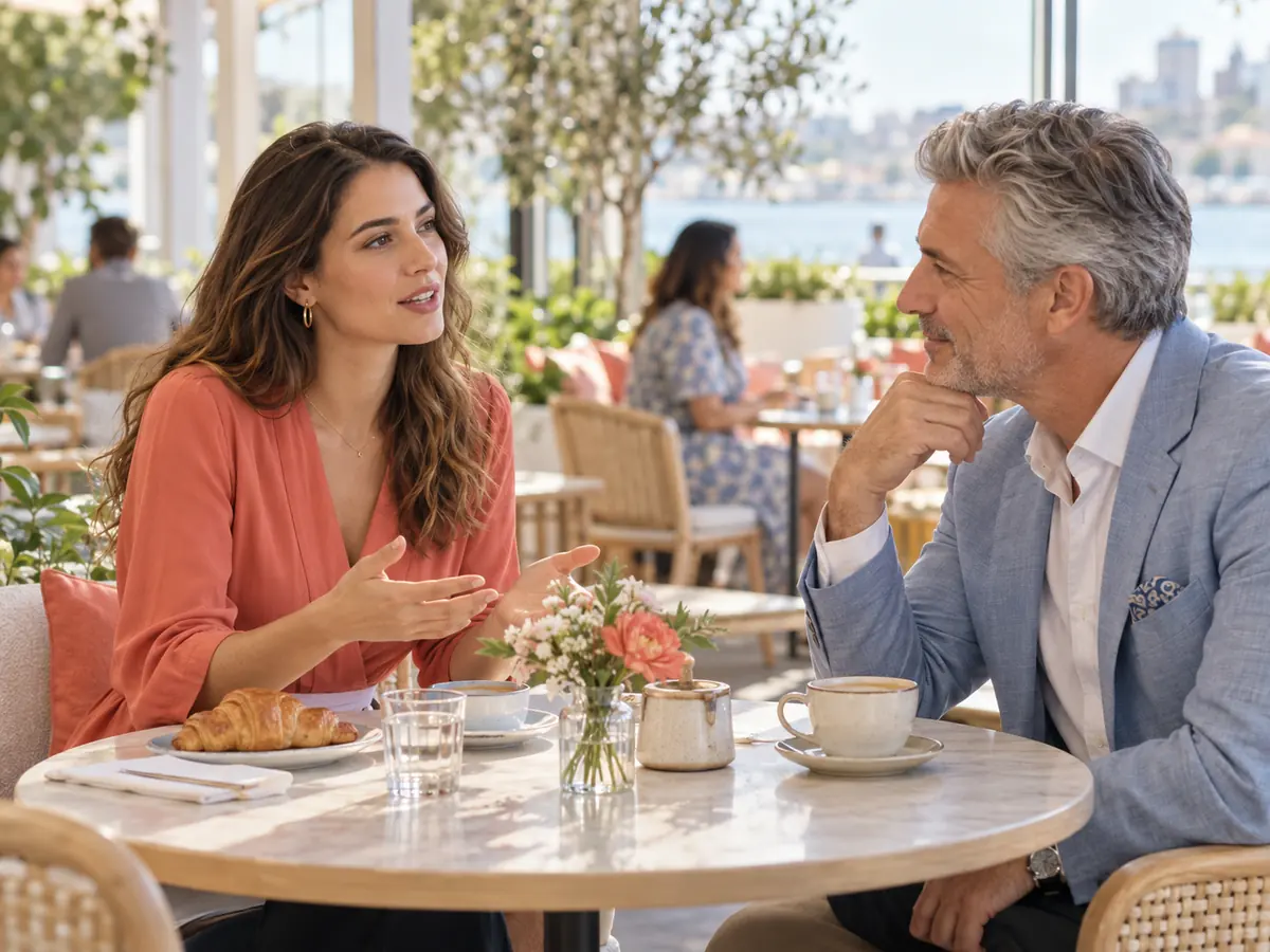 Sugar baby speaking confidently while a sugar daddy listens during a bright cafe conversation